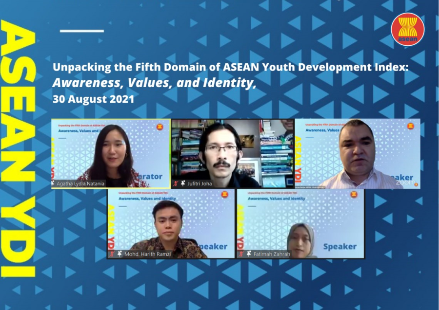 ASEAN YDI online panel with five participants in a grid on a blue triangular background.